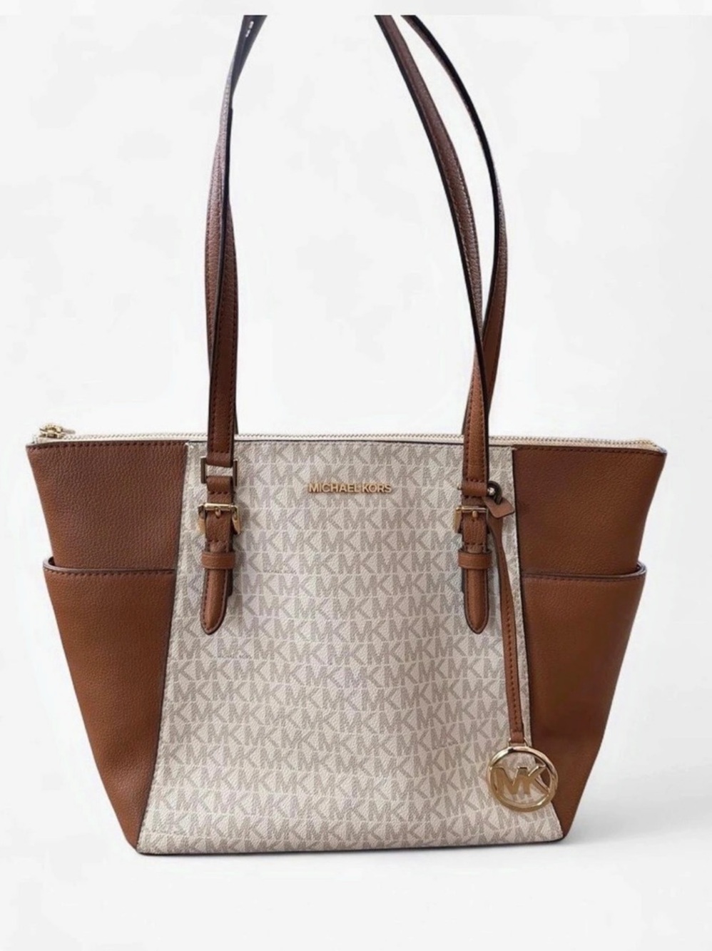 Michael Kors Jet Set Travel Large Pocket Tote Brown & White